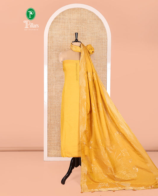 Yellow Semi-Silk Material Chudidar Set, Adorned with Pom-Pom Necklined Top, a Plain Santoon Bottom, and Paired Floral Zari Woven Semi-Silk Dupatta