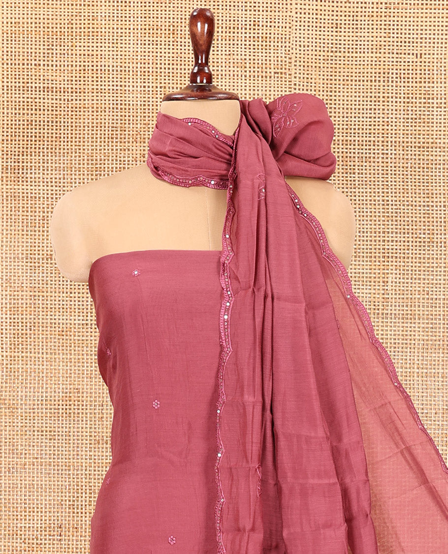 Onion Pink Mul Chanderi Material Chudidar Set, Floral Embroidered Top, Plain Santoon Bottom, and Scallop Embroidered Dupatta