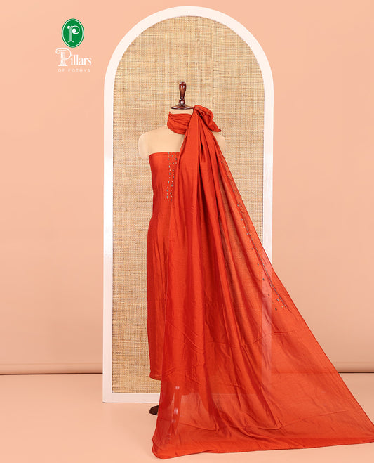 Rust Vichitra Silk Material Chudidar Set Showcasing a Bead-Sequin Embroidered Top, a Santoon Bottom, and an Embroidered Dupatta
