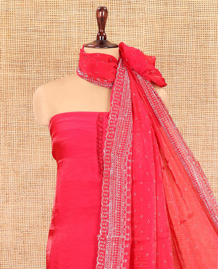 Chilly Red Fendi Organza Material Chudidar Fetaures Pom-Pom-Neckline Top, Plain Bottom, and Scallop Embroidered Dupatta