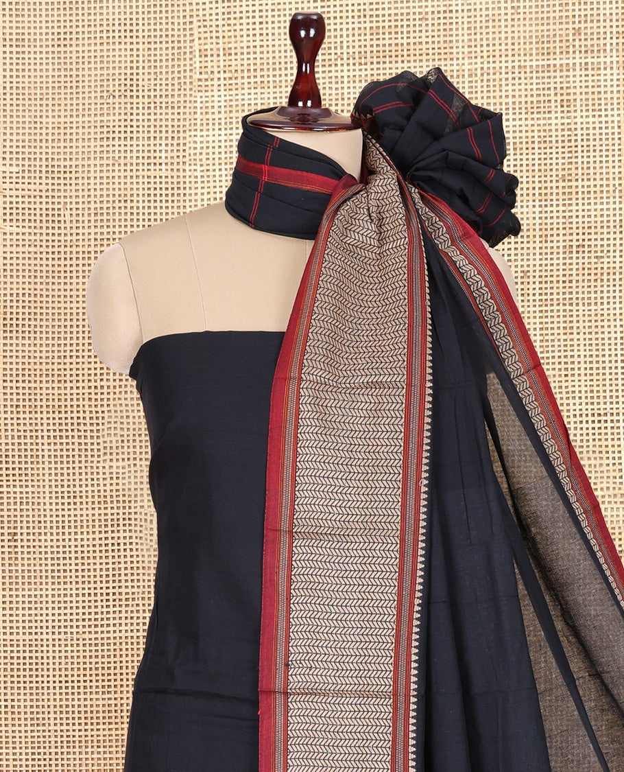 Black Mercerised Cotton Material Churidar Features Plain Top, Contrast Traditional Thread Border, Plain Bottom, Matching Dupatta