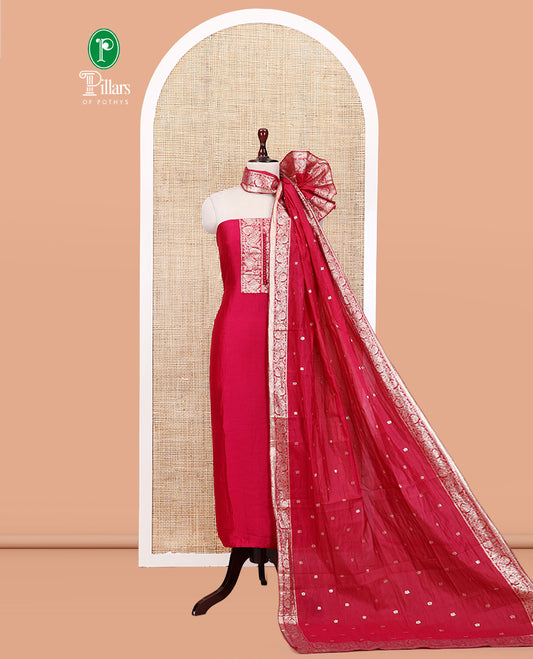 Rani Pink Material Churidar Set Features Gold Zari Neck Work Top, a Plain Santoon Bottom, a Banarasi Dupatta