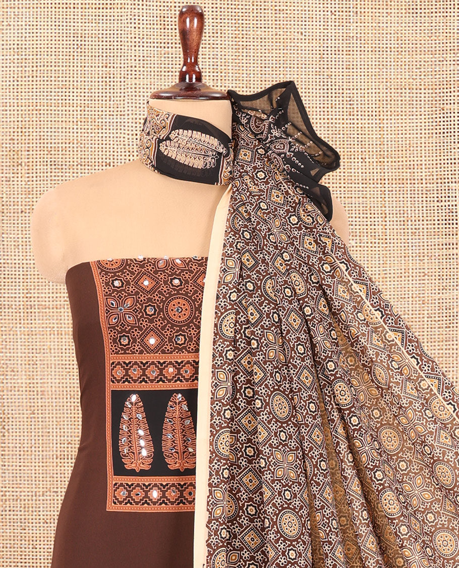 Coffee Brown Georgette Material Churidar, Ajrakh Print and Mirror Work Top, a Matching Bottom, and Ajrakh Printed Dupatta