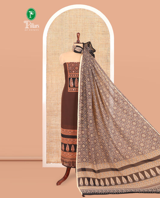 Coffee Brown Georgette Material Churidar, Ajrakh Print and Mirror Work Top, a Matching Bottom, and Ajrakh Printed Dupatta