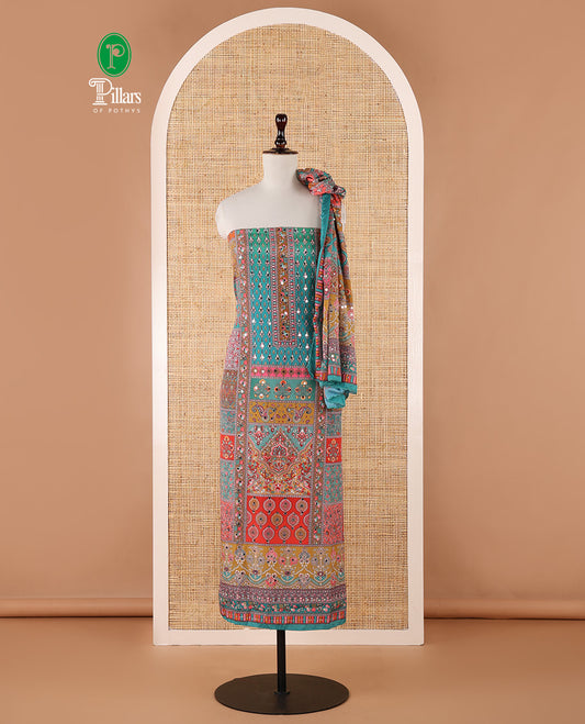 Peacock green chudidar material set, geometric printed with mirror work crepe top, geometric printed & mirror work kaleidoscopic-colored chinon dupatta & plain crepe bottom