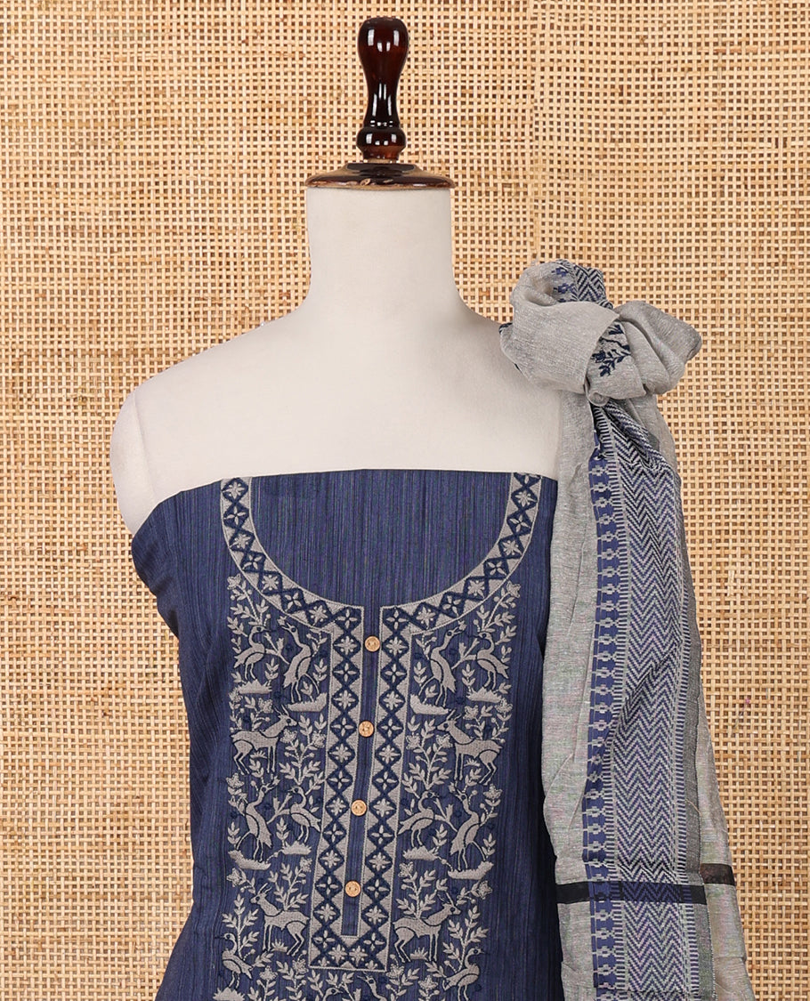 Denim blue chudidar material set,warli animal motif embroidered span cotton top & contrast warli animal embroidery dupatta