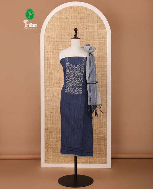 Denim blue chudidar material set,warli animal motif embroidered span cotton top & contrast warli animal embroidery dupatta