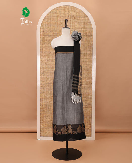 Ash grey mercerised cotton material chudidar set, Madhubani-style bride-groom motif woven top, bottom & dupatta