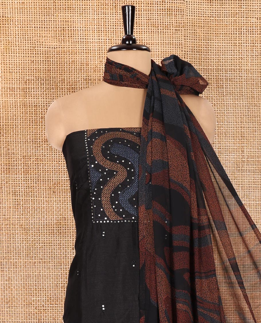 Black and Mustrad Material Chudidhar Set Ornamented with Patch Neck and Sequins Embroidered Vichitra Silk Top, Plain Santoon Bottom, and Vichitra Silk Abstract Printed Dupatta