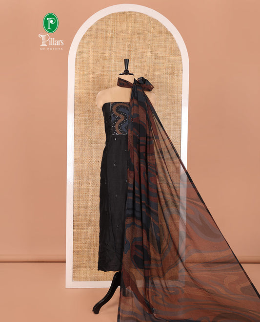 Black and Mustrad Material Chudidhar Set Ornamented with Patch Neck and Sequins Embroidered Vichitra Silk Top, Plain Santoon Bottom, and Vichitra Silk Abstract Printed Dupatta