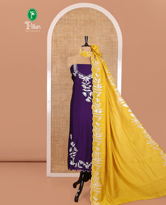 Violet Material Churidar Set, Detailed with Floral Motifs Sequins-Thread Embroidered on Its Vichitra Silk Top, Comes with a Contrast Santoon Bottom, and Paired with a Vichitra Silk Floral Embroidered Scallop Dupatta