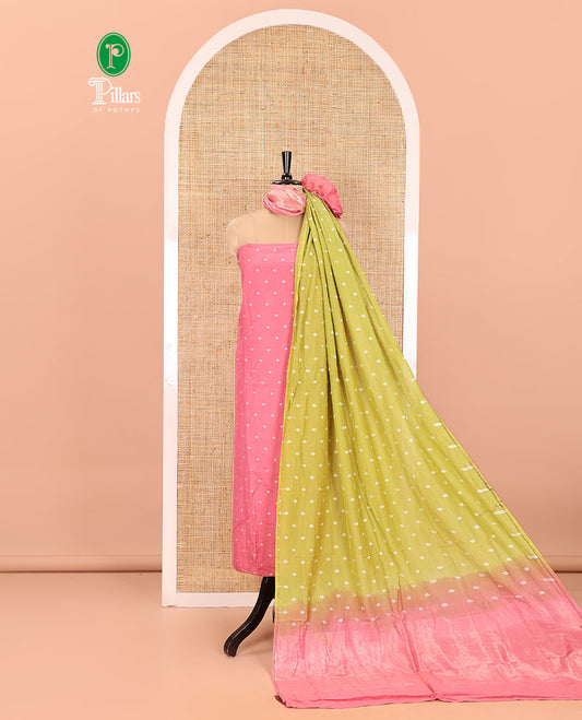 Pink and Light Green Semi-Silk Material Churidar Set, Beautified with Bandhani Dots Print, Comes with a Plain Santoon Bottom, and Paired with a Double-Colored Dupatta of Bandhani Dots Print