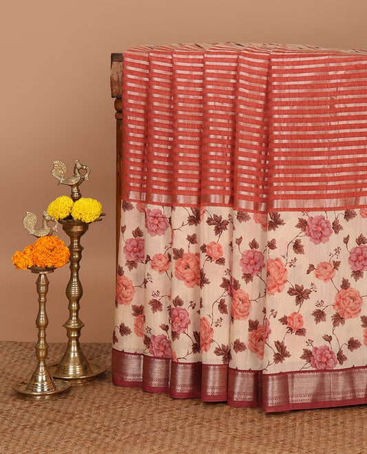 Onion pink stripes & floral print chanderi Cotton saree with rudraksh mayil kann border & contrast chick pallu along with contrast blouse