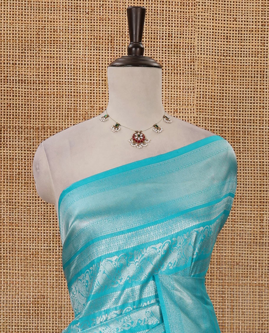 Blue mayil & yaali zari jacquard softy saree, traditional zari border, intricate pallu & matching zari design blouse