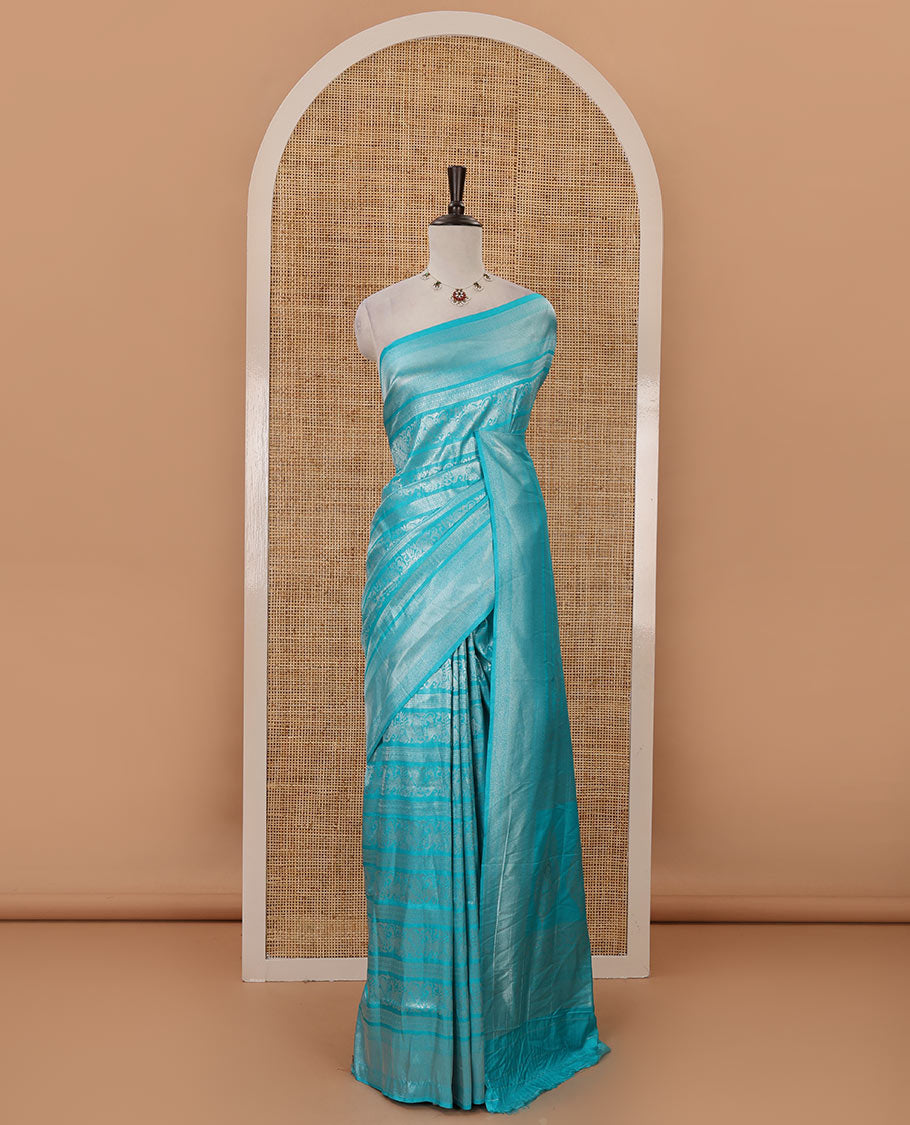 Blue mayil & yaali zari jacquard softy saree, traditional zari border, intricate pallu & matching zari design blouse