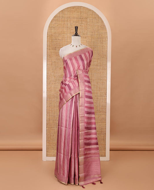 Onion pink hand brushing-style vertical stripes printed fancy tussar silk saree, zig zag-style zari woven border, zari pallu & striped blouse