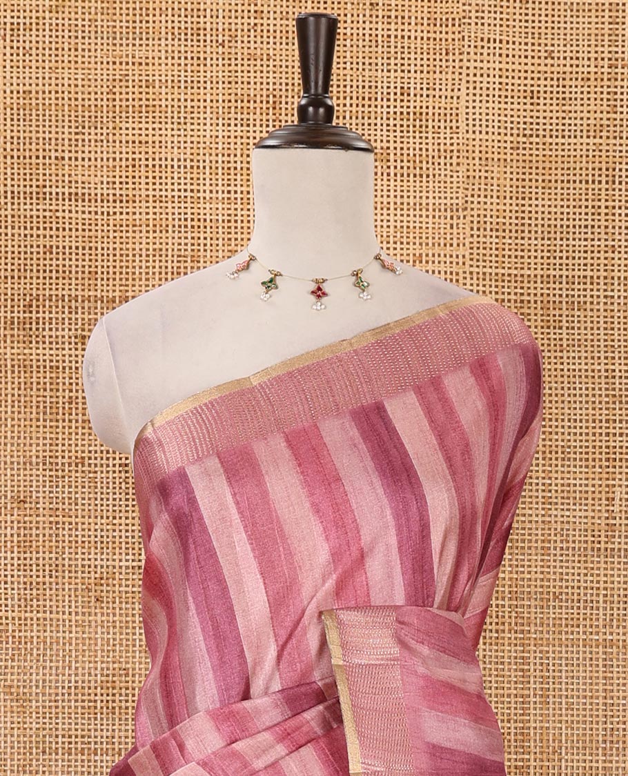 Onion pink hand brushing-style vertical stripes printed fancy tussar silk saree, zig zag-style zari woven border, zari pallu & striped blouse