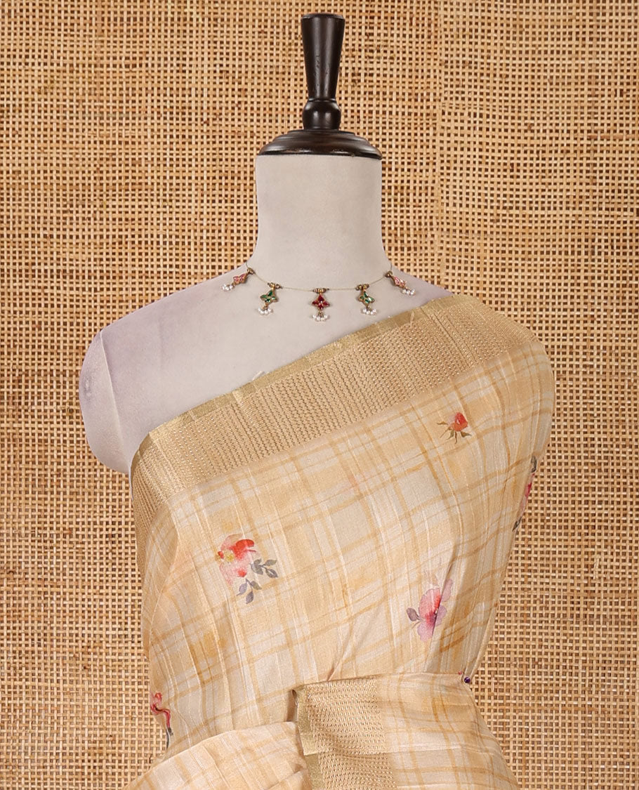 Sandal Burberry checked & floral printed fancy tussar silk saree, zari woven border & zari checked pallu & matching blouse of striped & floral print