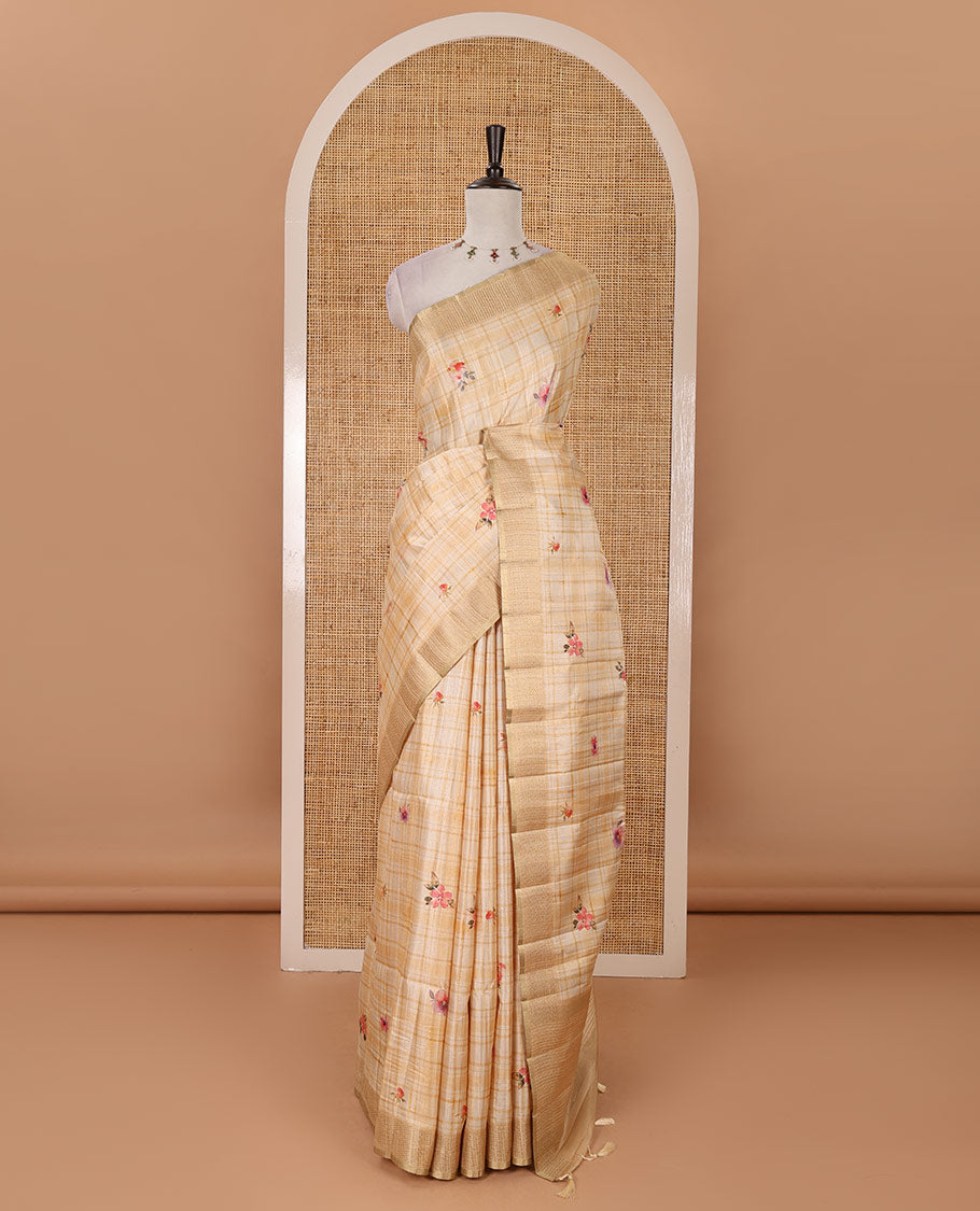 Sandal Burberry checked & floral printed fancy tussar silk saree, zari woven border & zari checked pallu & matching blouse of striped & floral print