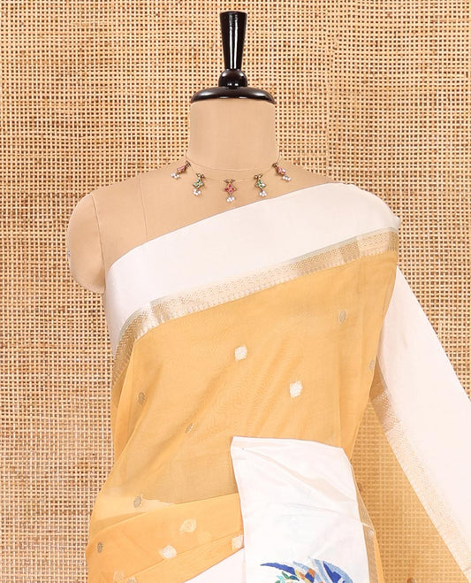 Mustard zari buttas fancy organza saree, contrast satin with small zari border of macaw parrot motifs digital print, zari pallu, and a running blouse