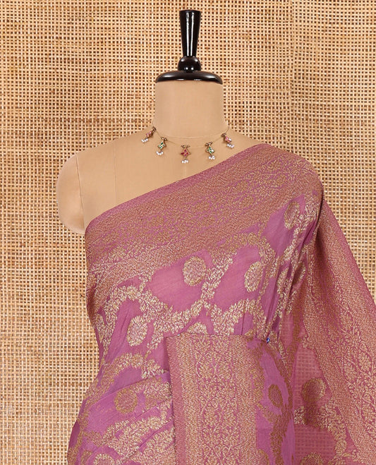 Onion pink jaal jacquard fancy crepe banaras khaddi saree, floral creeper design border, ogee patterned pallu, and a matching blouse