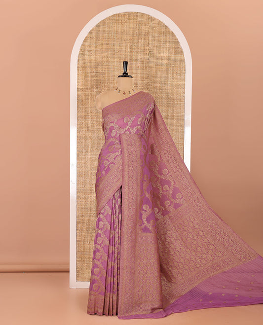Onion pink jaal jacquard fancy crepe banaras khaddi saree, floral creeper design border, ogee patterned pallu, and a matching blouse
