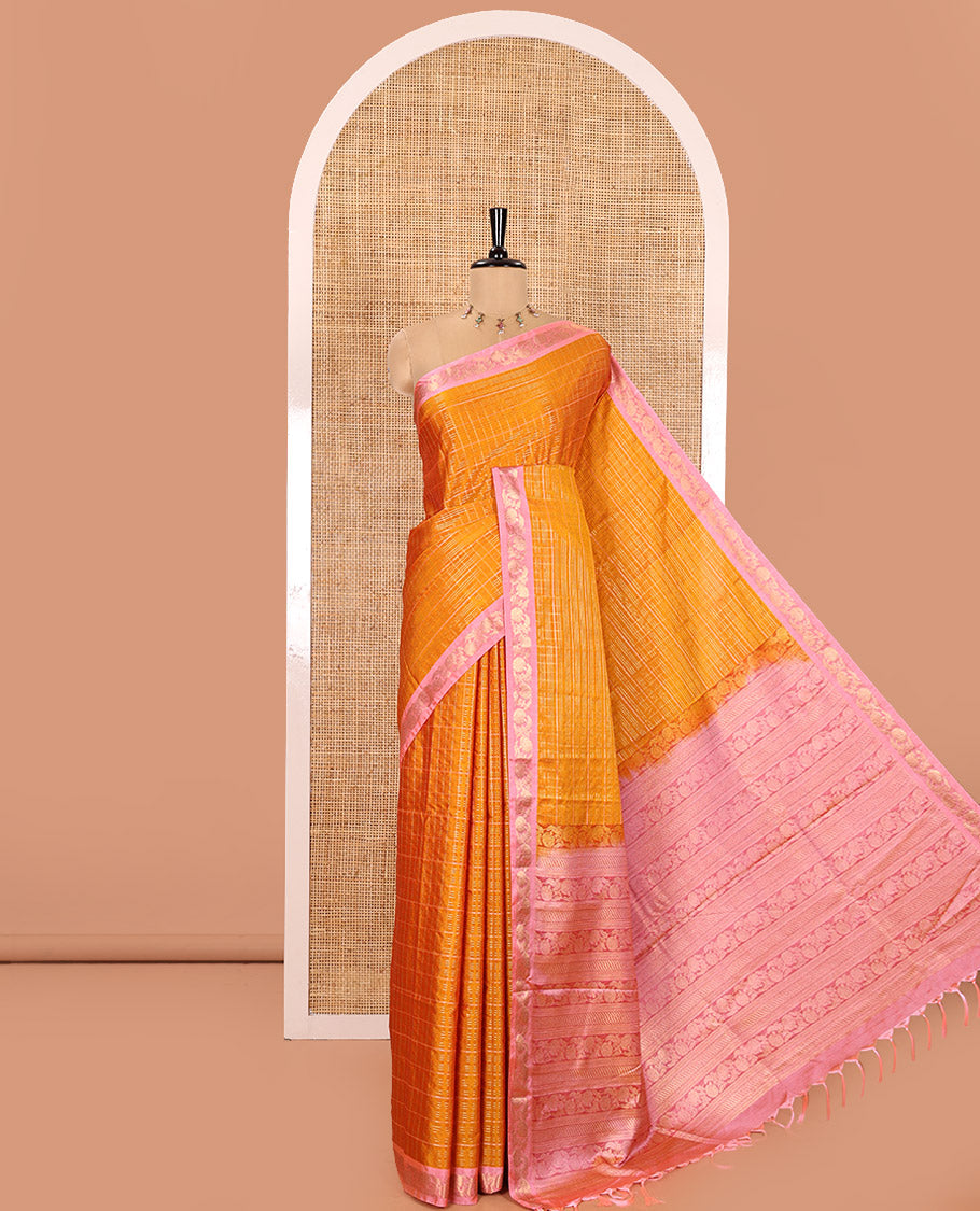 Orange Kanchipuram Budget Silk Saree, Gleamed Up with Zari Checks All Over Its Body, Complemented by a Contrast Floral Creeper Design Zari Border, Pallu Steeped with Floral Designs, and Paired with a Contrast Blouse