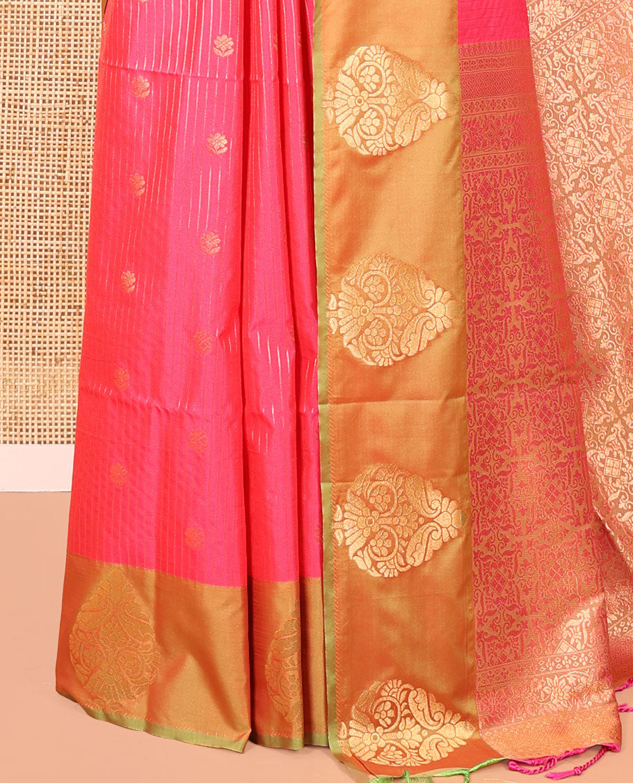Pink Fancy Soft Silk Saree, Detailed with Zari Buttas and Zari Stripes, Complemented by a Contrast Border of Zari Designs, Intricately Designed Pallu, and Paired with a Contrast Blouse