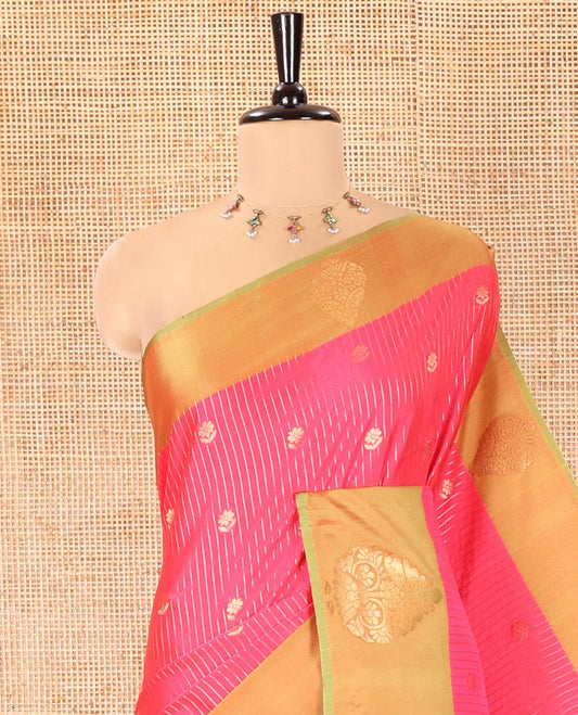 Pink Fancy Soft Silk Saree, Detailed with Zari Buttas and Zari Stripes, Complemented by a Contrast Border of Zari Designs, Intricately Designed Pallu, and Paired with a Contrast Blouse