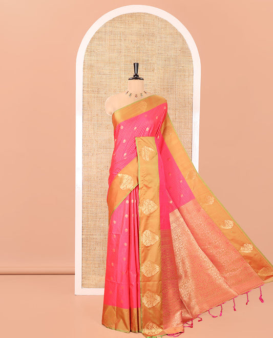 Pink Fancy Soft Silk Saree, Detailed with Zari Buttas and Zari Stripes, Complemented by a Contrast Border of Zari Designs, Intricately Designed Pallu, and Paired with a Contrast Blouse