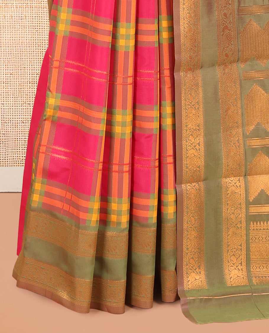 Pink Burberry Checked Litchi Saree, a Contrast Rettai Pettu Border, Grand Pallu, Contrast Blouse