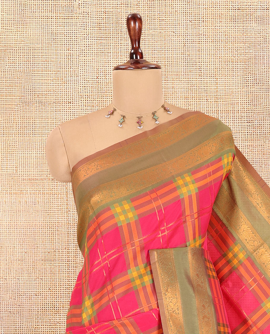 Pink Burberry Checked Litchi Saree, a Contrast Rettai Pettu Border, Grand Pallu, Contrast Blouse