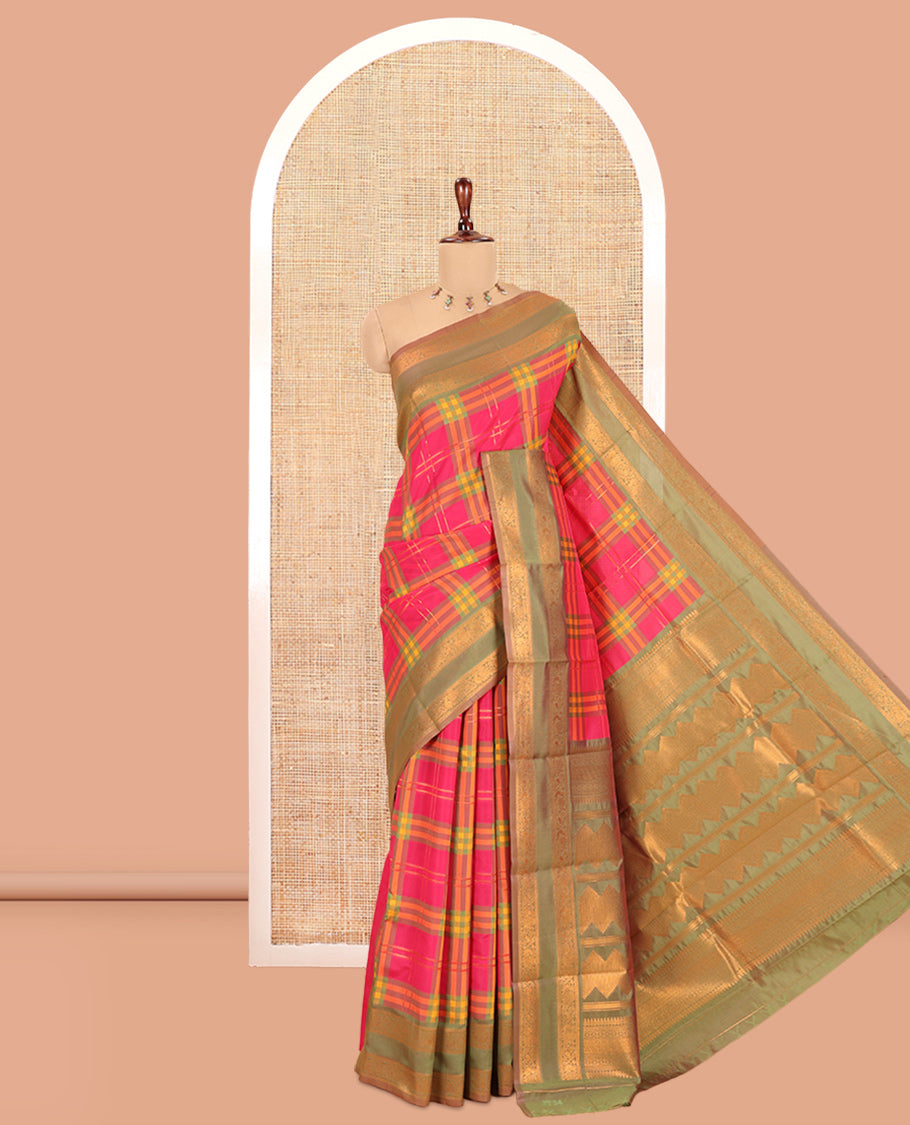 Pink Burberry Checked Litchi Saree, a Contrast Rettai Pettu Border, Grand Pallu, Contrast Blouse