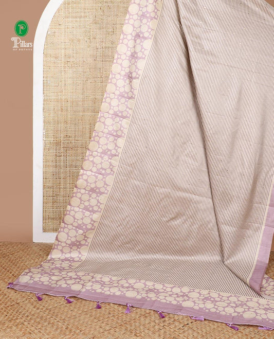 Chikku color with lavender stripes, block print fancy tussar silk saree with polka dot border & polka dot printed pallu along with printed blouse