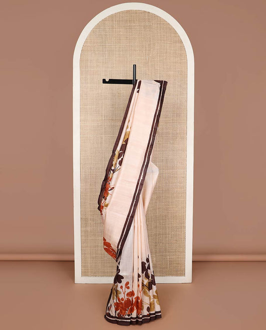 Cream  floral printed silk saree with contrast border