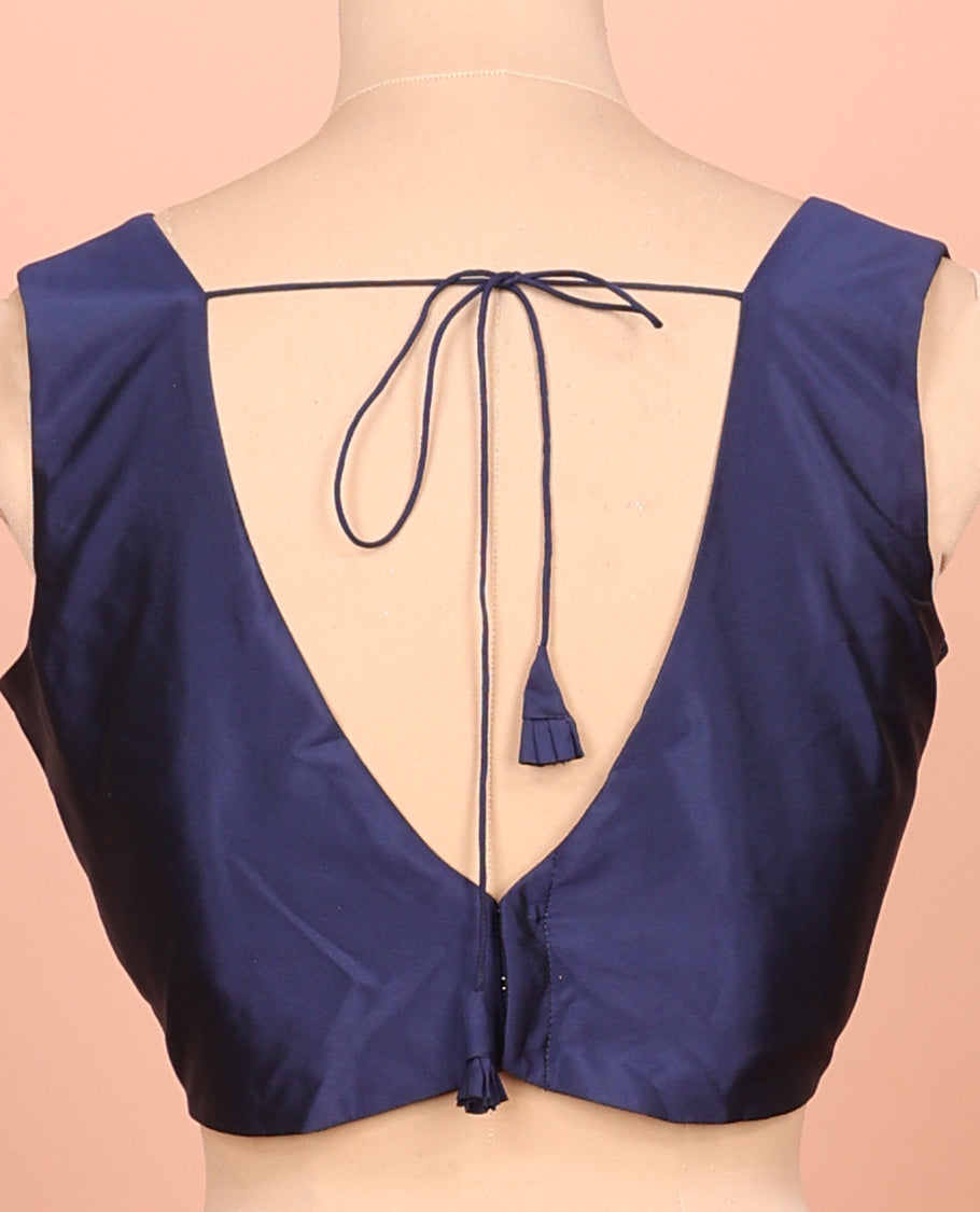 Blue Plain Readymade Blouse Featuring a Front V-Neck, Back Deep V-Neck, and Sleeveless