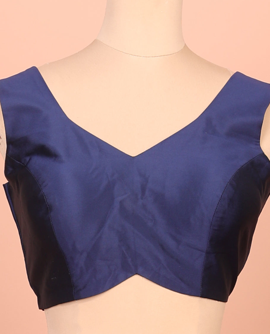 Blue Plain Readymade Blouse Featuring a Front V-Neck, Back Deep V-Neck, and Sleeveless