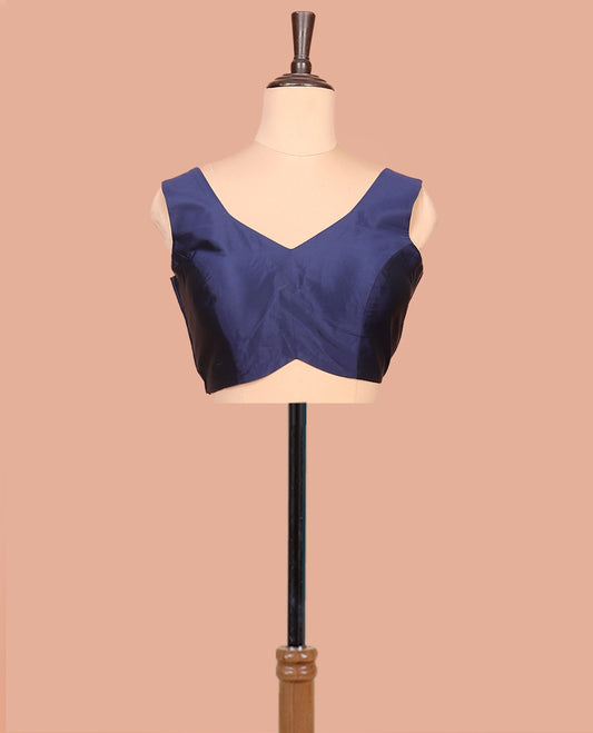 Blue Plain Readymade Blouse Featuring a Front V-Neck, Back Deep V-Neck, and Sleeveless