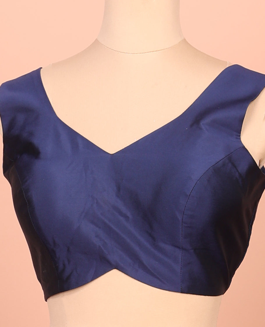 Blue Plain Readymade Blouse Featuring a Front V-Neck, Back Deep V-Neck, and Sleeveless
