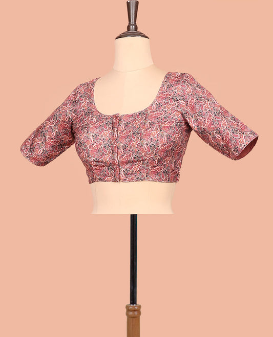 Red paisleys printed front-back round-neck elbow sleeve readymade blouse