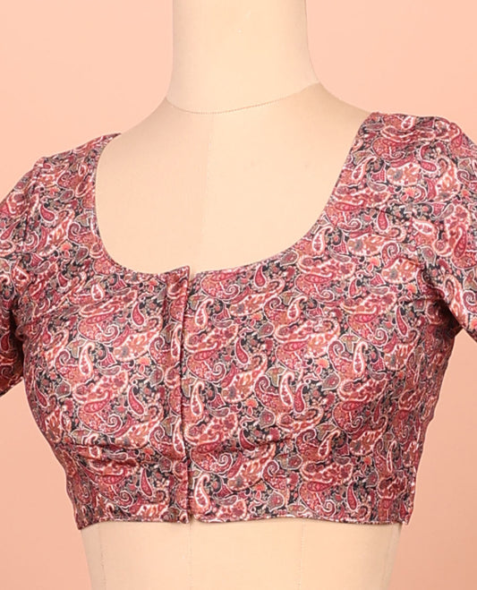 Red paisleys printed front-back round-neck elbow sleeve readymade blouse