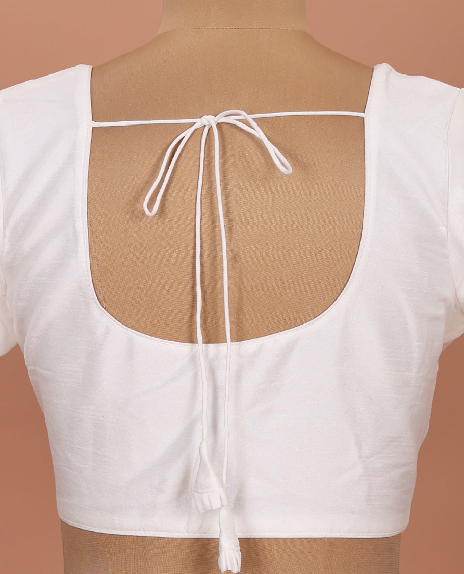 White plain front-back round neck elbow-sleeve readymade blouse