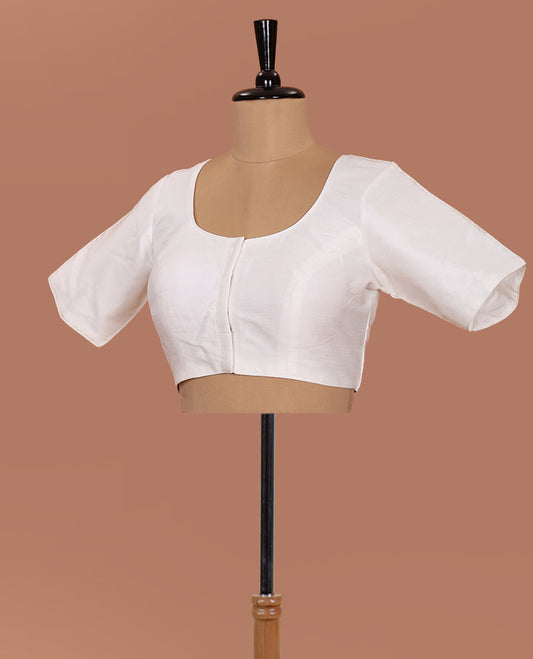 White plain front-back round neck elbow-sleeve readymade blouse