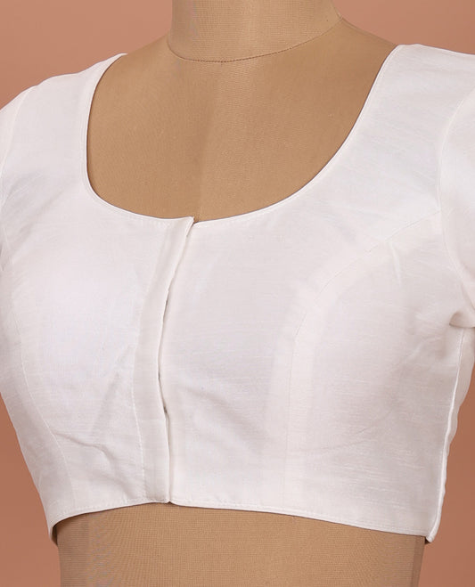 White plain front-back round neck elbow-sleeve readymade blouse