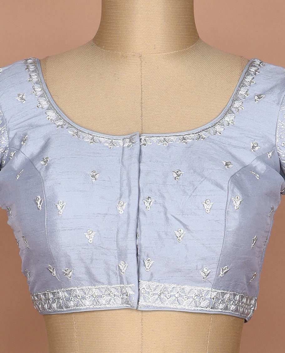 Grey thread embroidered round neck elbow sleeve raw silk readymade blouse