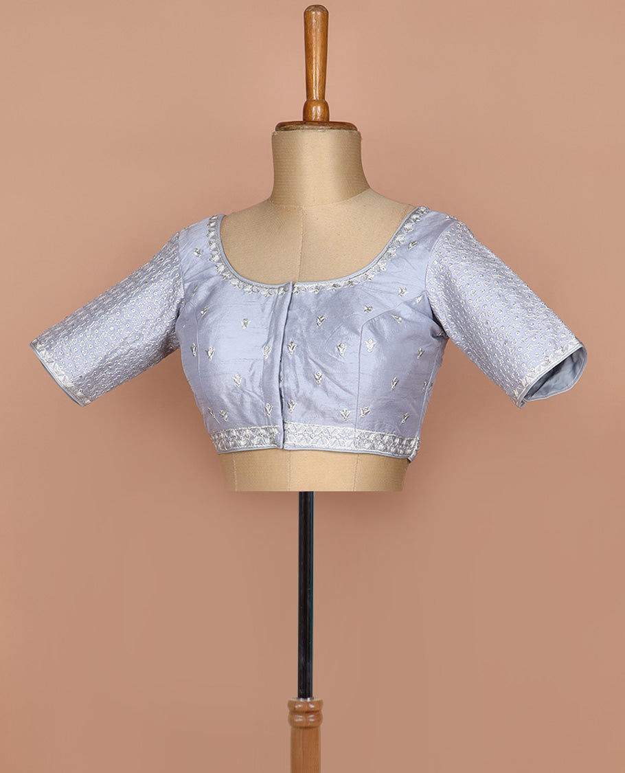 Grey thread embroidered round neck elbow sleeve raw silk readymade blouse