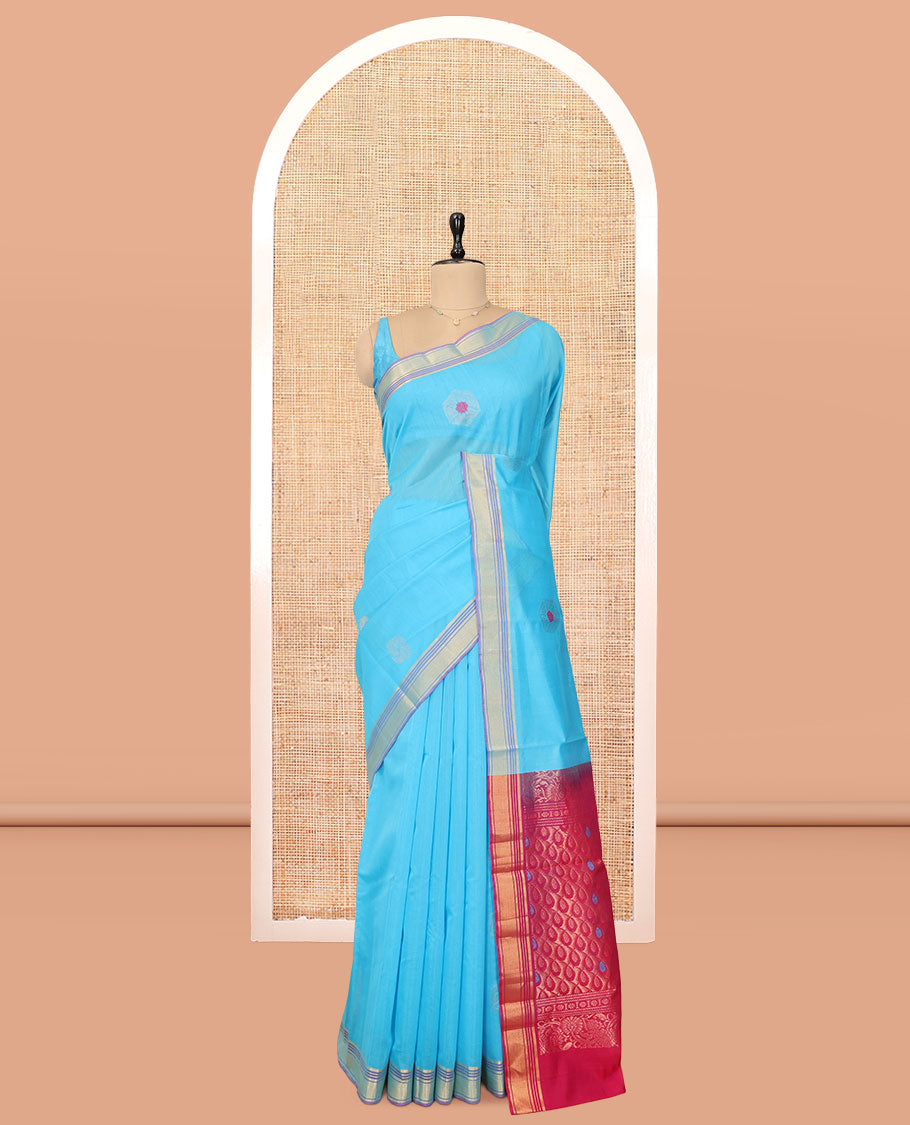 Blue Silk Cotton Saree, Subtly Sparkled with Zari Buttas, Zari Border, Contrast Intricate Pallu, and a Contrast Blouse