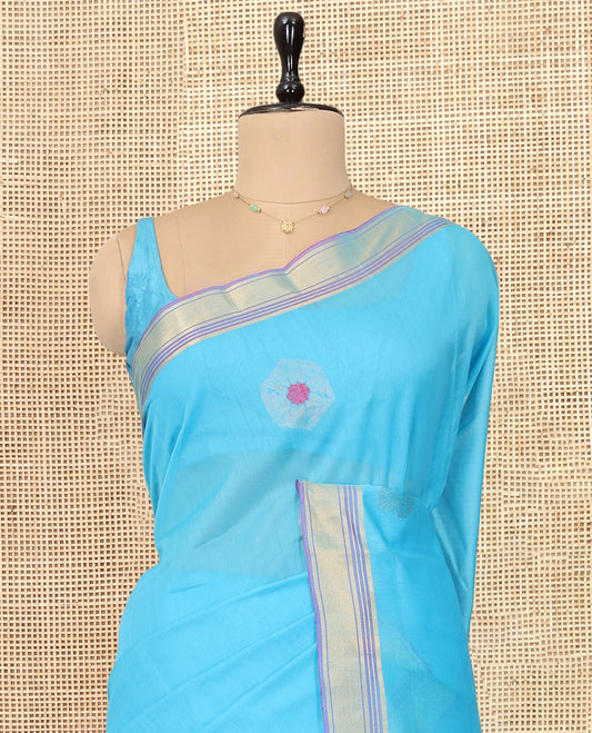 Blue Silk Cotton Saree, Subtly Sparkled with Zari Buttas, Zari Border, Contrast Intricate Pallu, and a Contrast Blouse