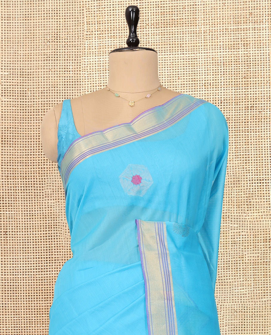 Blue Silk Cotton Saree, Subtly Sparkled with Zari Buttas, Zari Border, Contrast Intricate Pallu, and a Contrast Blouse