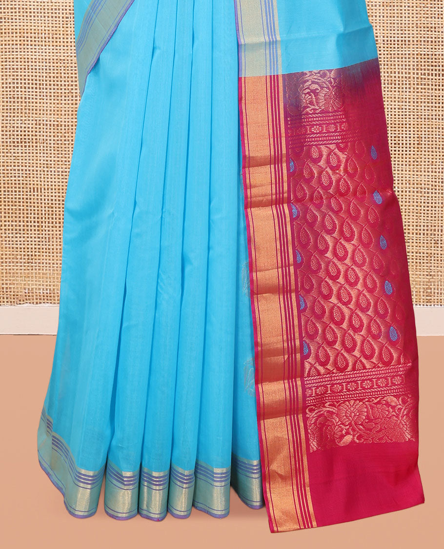Blue Silk Cotton Saree, Subtly Sparkled with Zari Buttas, Zari Border, Contrast Intricate Pallu, and a Contrast Blouse